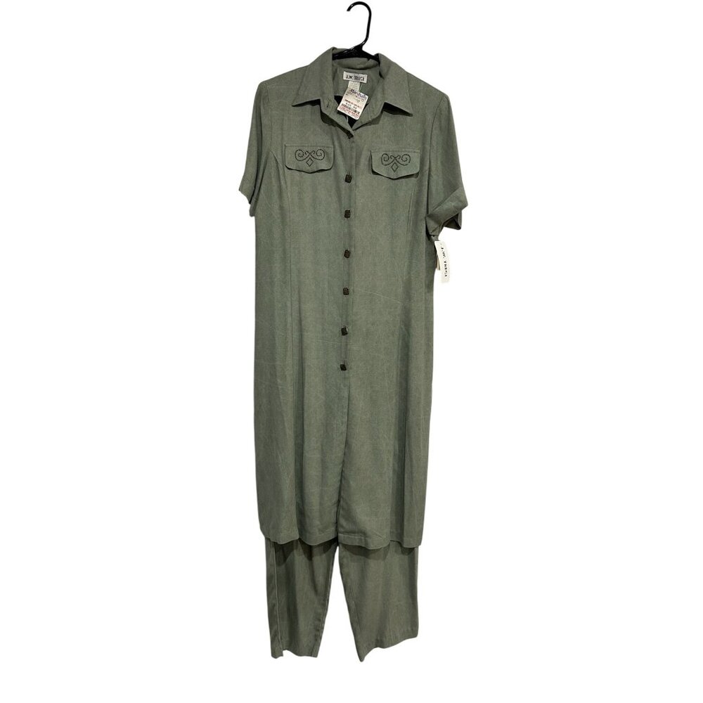 J.W. Treci Womens Green Button-Down Top & Pants Set Size 12 Elegant NWT